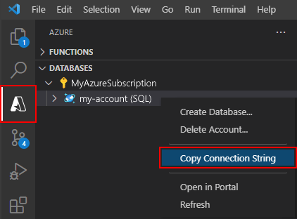 Copiando a cadeia de conexão do Azure Cosmos DB