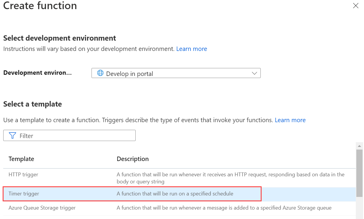 Captura de ecrã da seleção da página de gatilho do temporizador no portal do Azure.