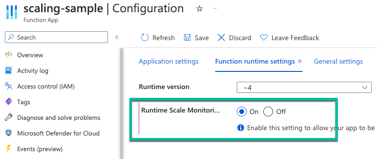 Captura de tela do painel do portal do Azure para habilitar o dimensionamento em tempo de execução.