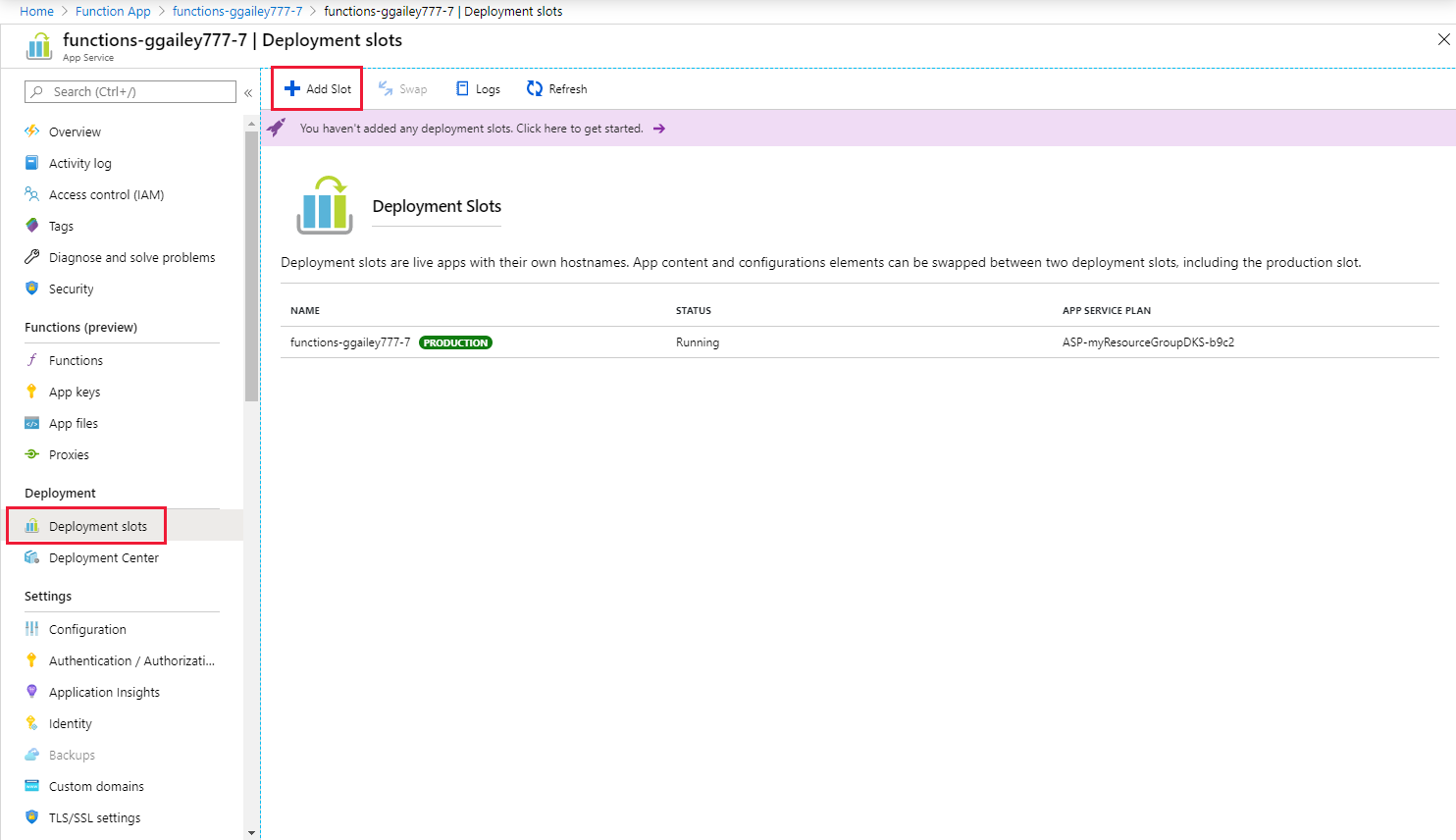 Adicione o slot de implantação do Azure Functions.
