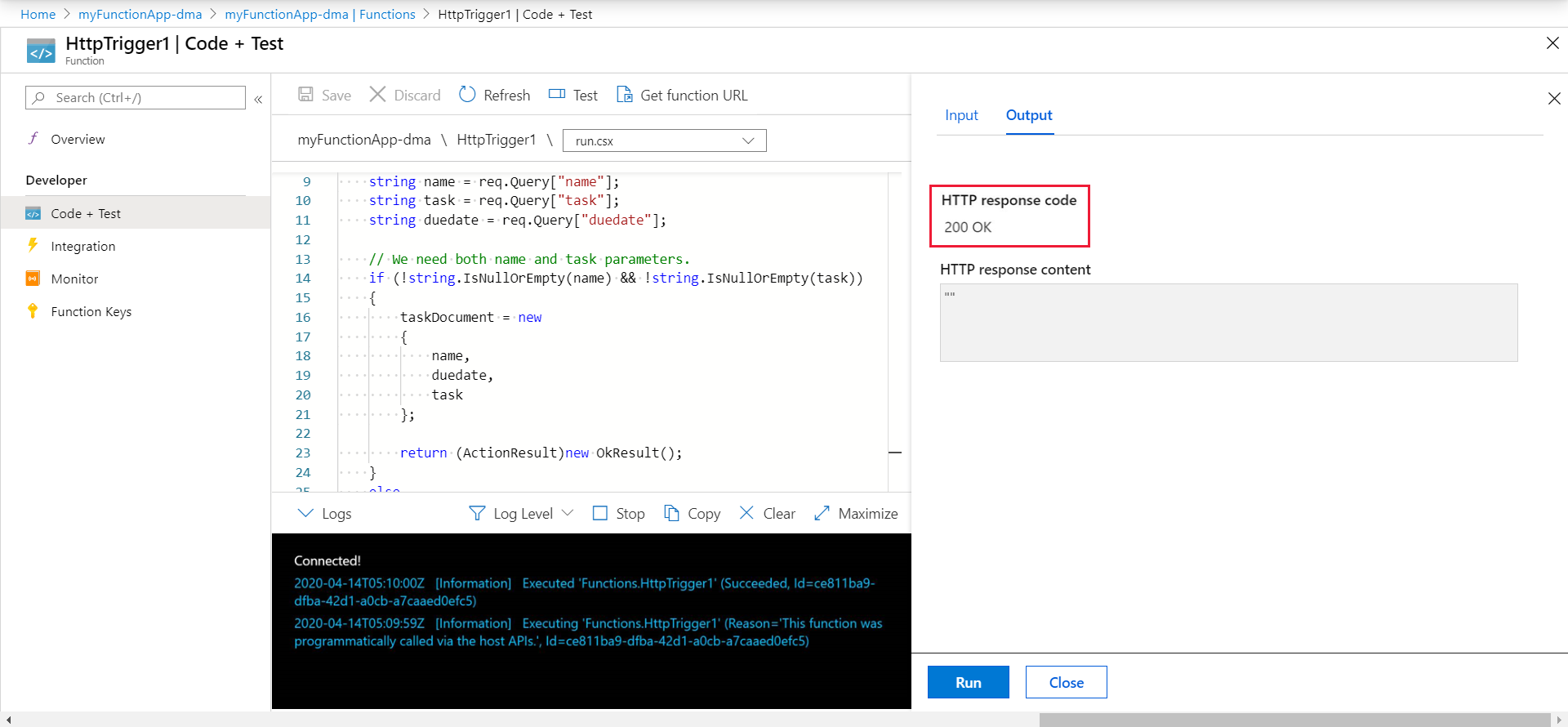 A captura de tela mostra o status do código de resposta HTTP 200 realçado depois de selecionar Executar.