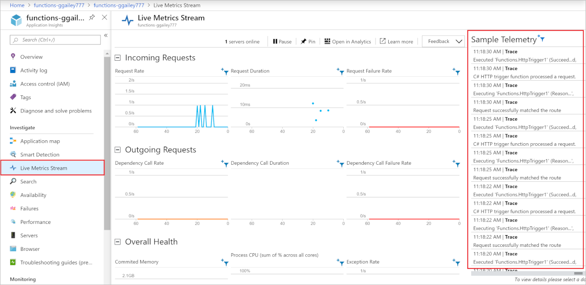 Veja o Live Metrics Stream no portal