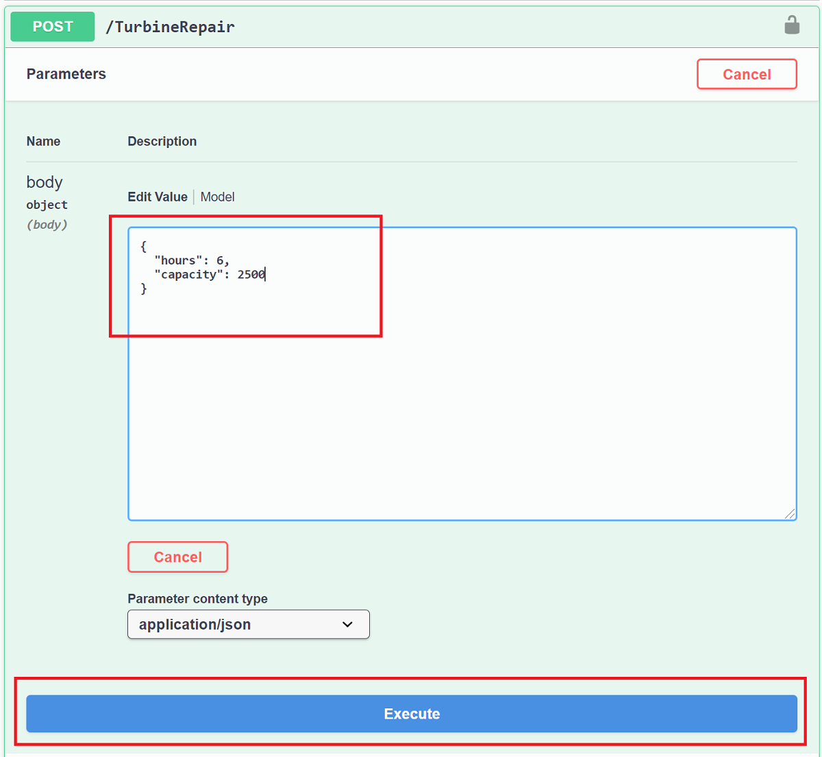 Swagger UI para testar a API TurbineRepair