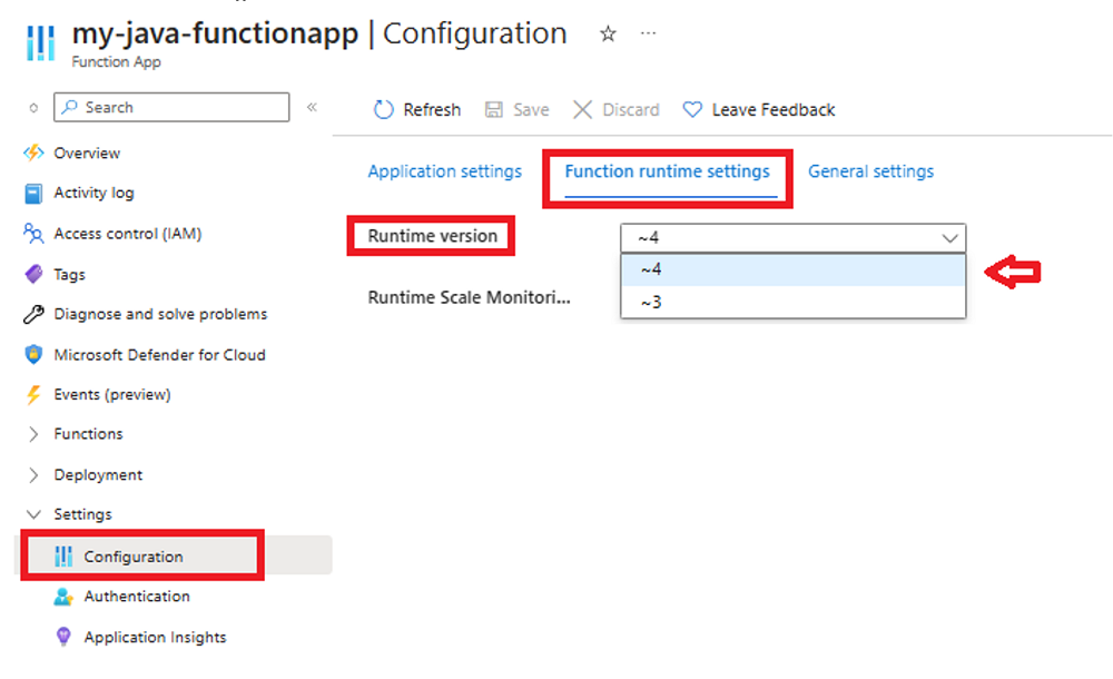 Captura de tela de como exibir a versão de tempo de execução do Functions para seu aplicativo no portal do Azure.