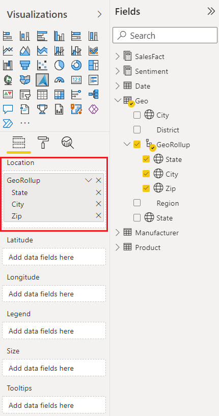 Uma captura de ecrã a mostrar os painéis Visualizações e campos no ambiente de trabalho do Power BI com o campo de localização visual do Azure Maps realçado.