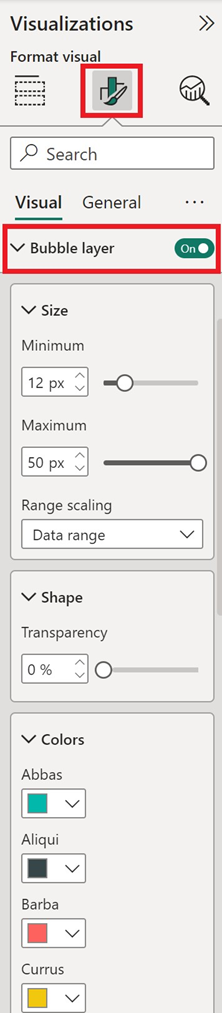 Captura de ecrã a mostrar as definições do gráfico circular que aparecem na secção bolhas quando o separador formatar está selecionado no painel de visualização no power B I.