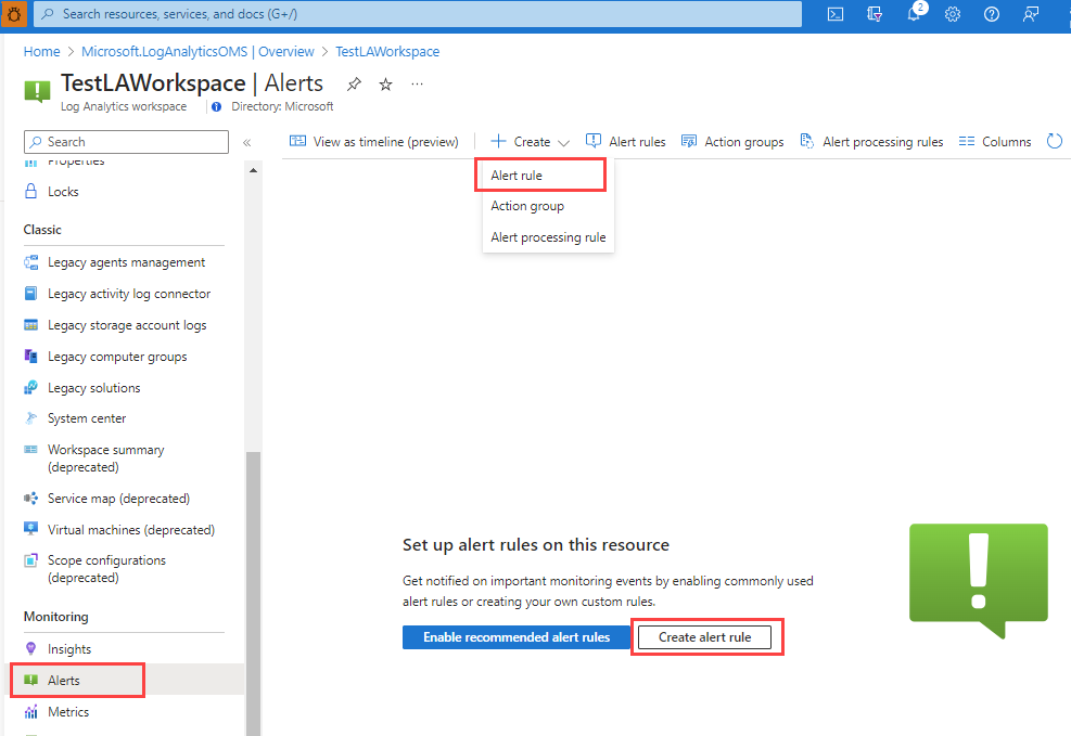 Captura de ecrã que mostra os passos para criar uma nova regra de alerta a partir de um recurso selecionado.