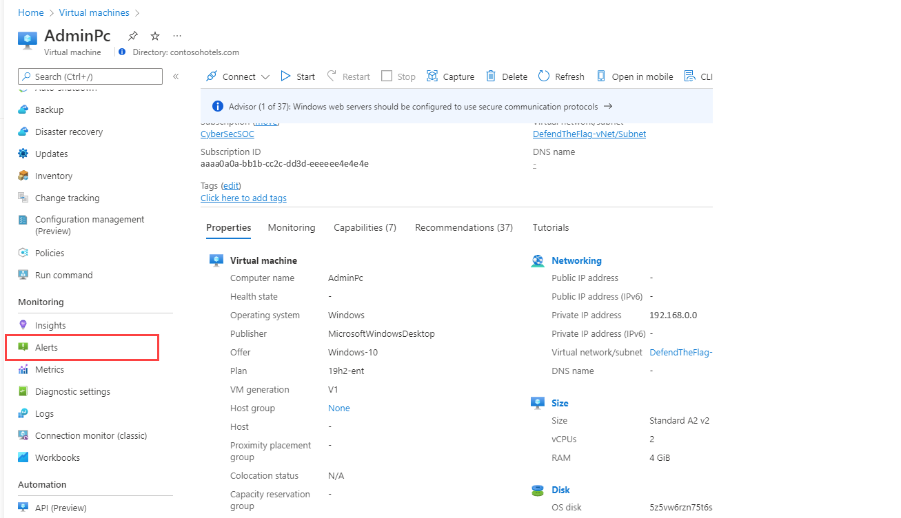 Captura de ecrã que mostra Alertas no menu de um recurso no portal do Azure.