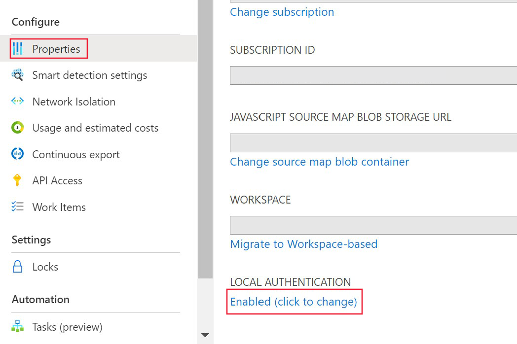 Captura de ecrã que mostra Propriedades na secção Configurar e no botão de autenticação local Ativado (selecione para alterar).