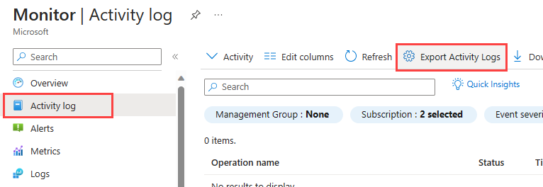 Captura de ecrã que mostra o menu Azure Monitor com o registo de atividades selecionado e Exportar registos de atividade realçado na barra de menus Monitor-Activity log.