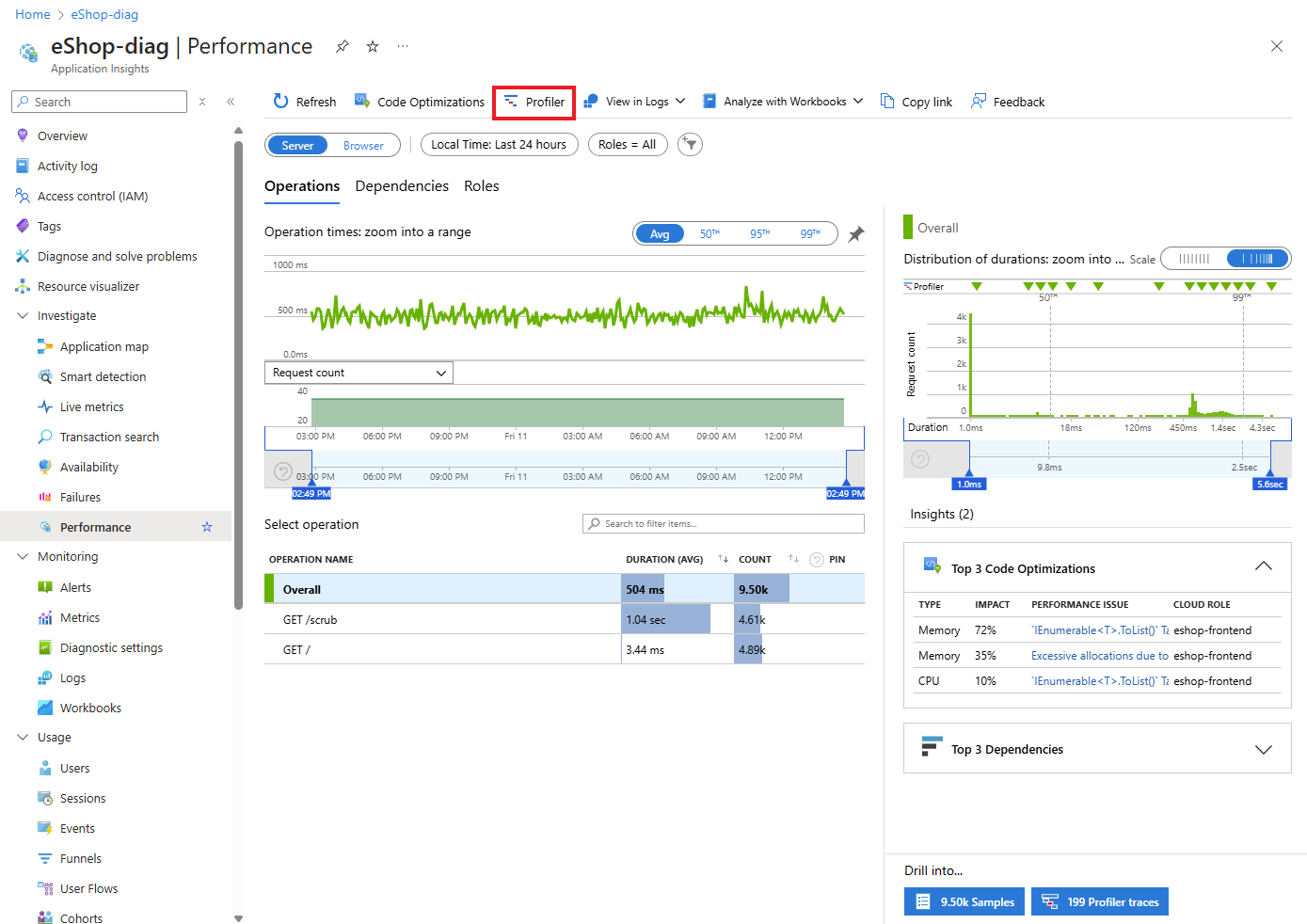 Captura de tela do portal do Azure que mostra como navegar até o Application Insights Profiler.