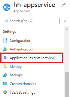 Captura de tela que mostra a seleção do Application Insights no painel esquerdo.