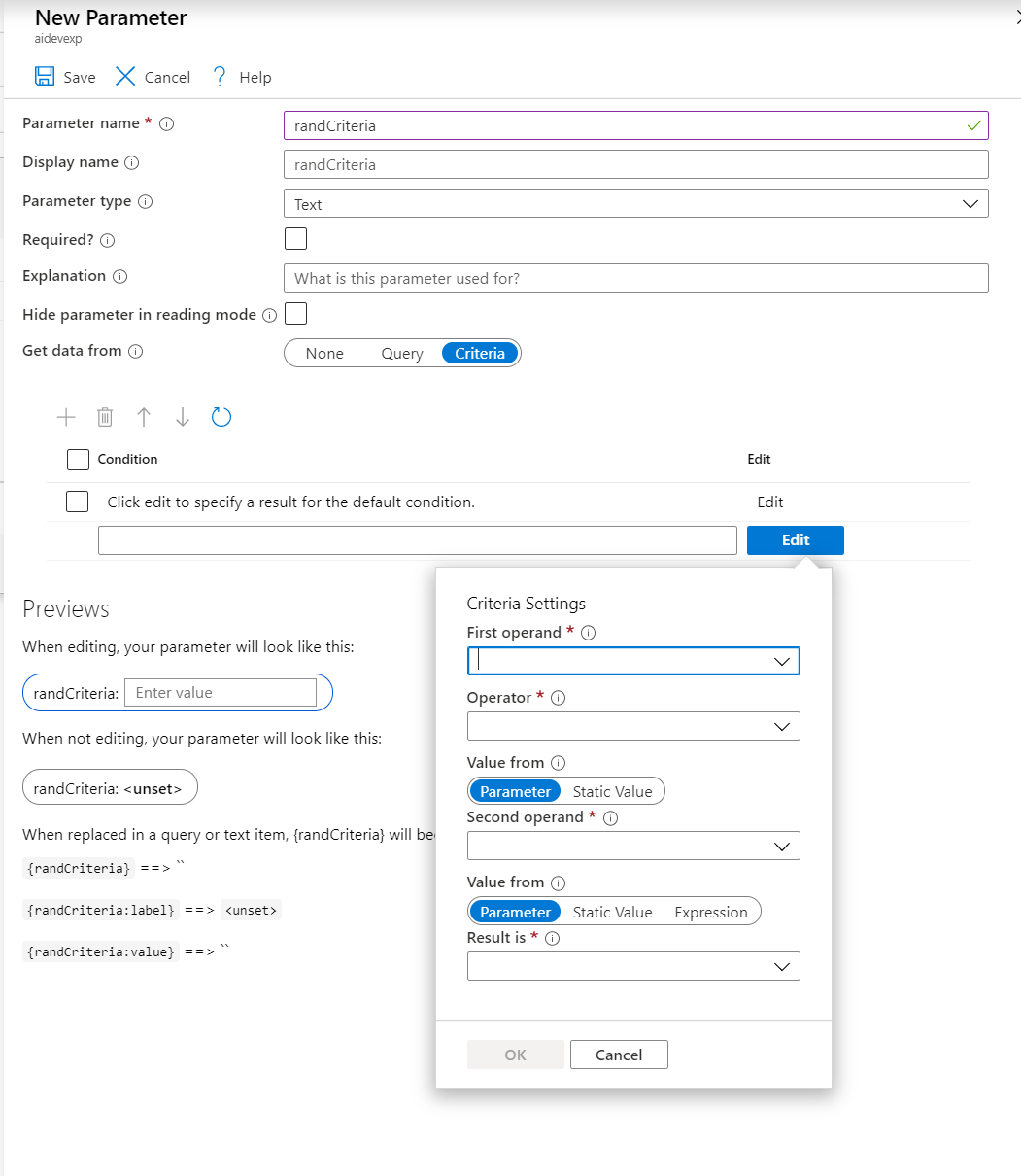 Captura de tela que mostra o formulário Configurações de critério.