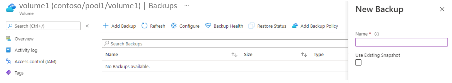 Captura de tela que mostra a janela Novo backup.