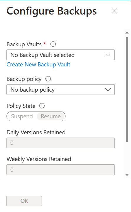 Captura de tela que mostra a configuração Ativado da janela Configurar backups.