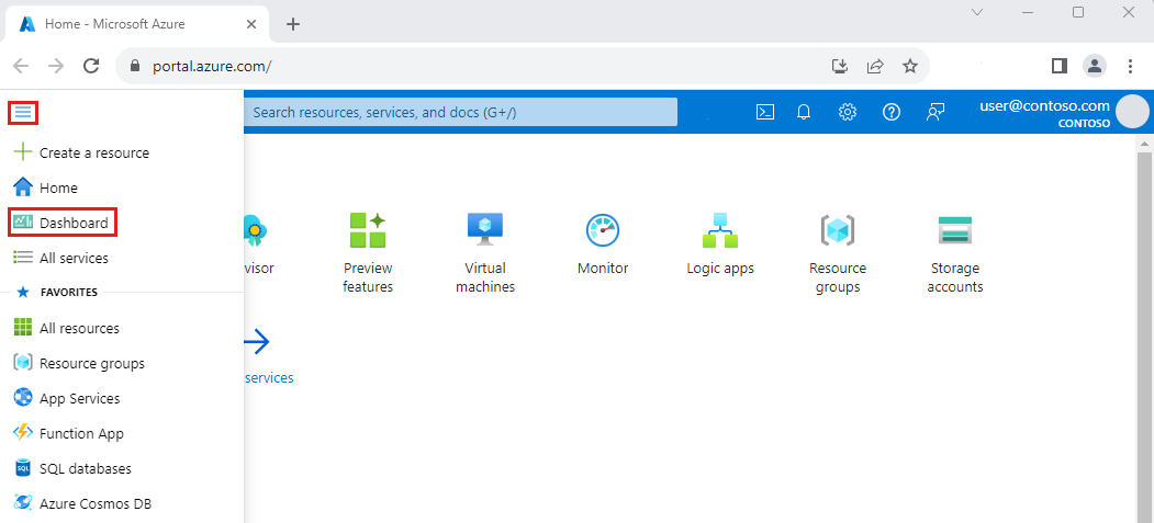 Captura de ecrã do portal do Azure com Dashboard selecionado.