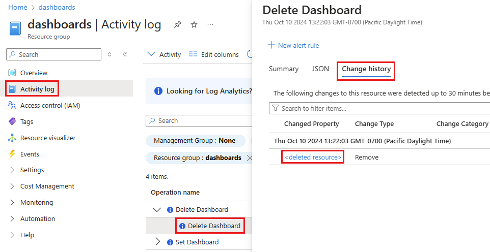 Captura de ecrã a mostrar o separador Histórico de alterações de um dashboard eliminado no portal do Azure.