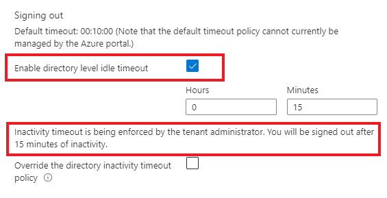 Captura de tela mostrando as opções de tempo limite de ociosidade no nível de diretório.