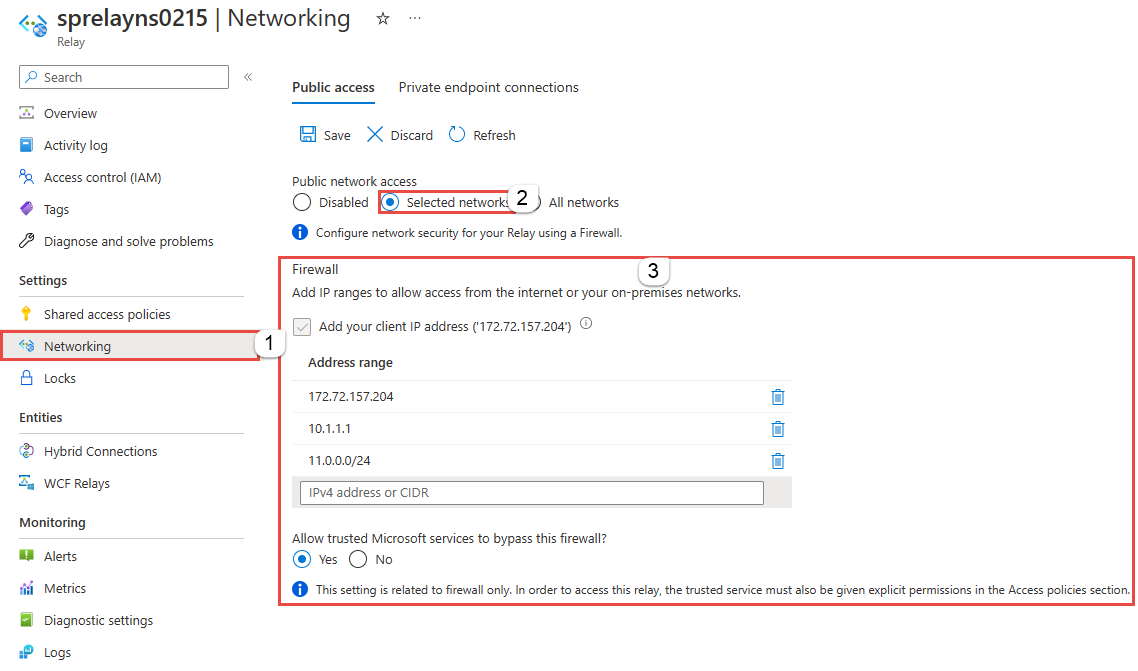 Captura de ecrã a mostrar o separador Acesso público da página Rede com a Firewall ativada.