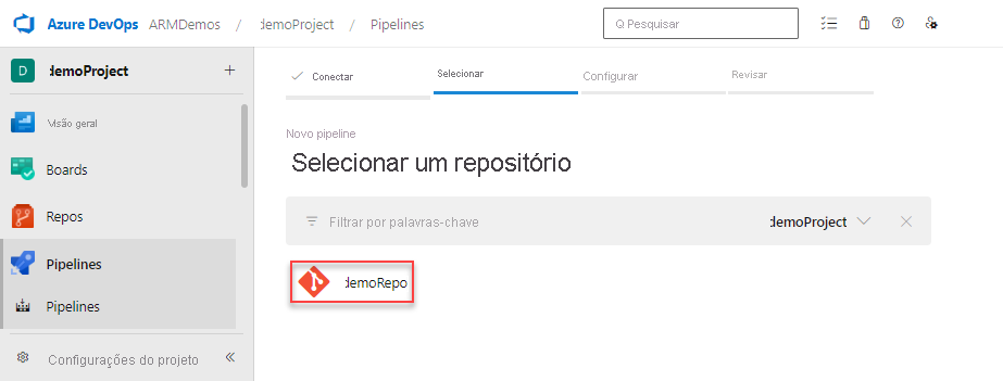 Captura de tela da seleção do repositório.