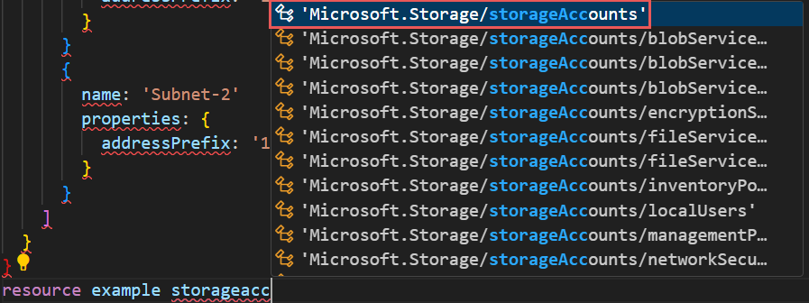 Captura de tela mostrando a seleção de contas de armazenamento para o tipo de recurso.