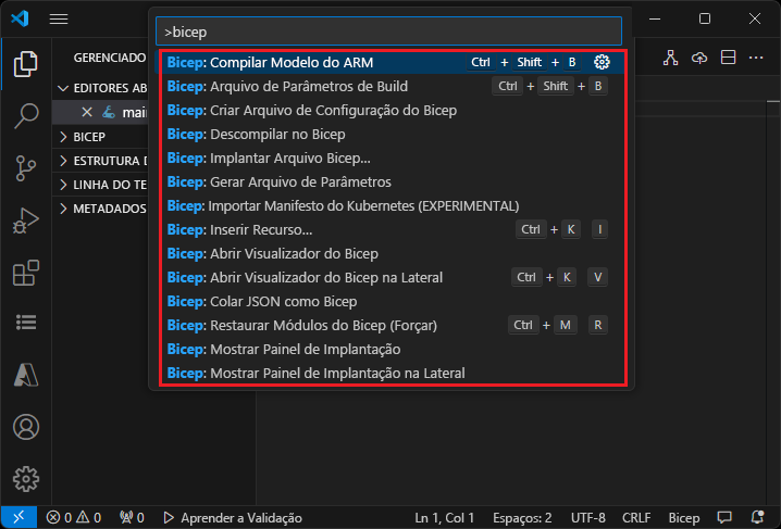 Captura de tela dos comandos do Visual Studio Code Bicep na paleta de comandos.