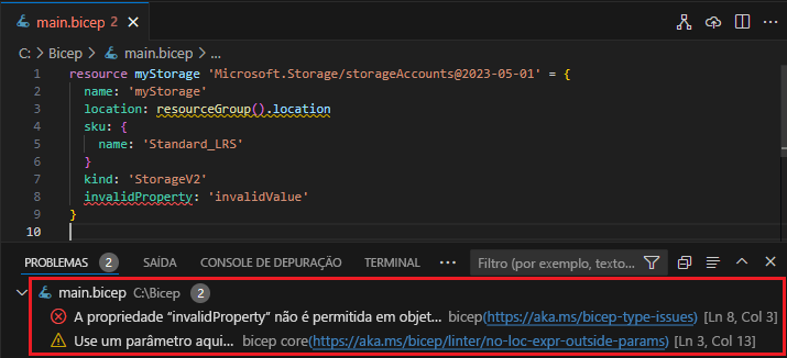 Captura de tela do painel Problemas no Visual Studio Code.