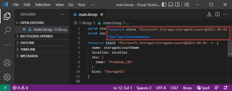 Captura de tela da opção Exibir documentação no Visual Studio Code.