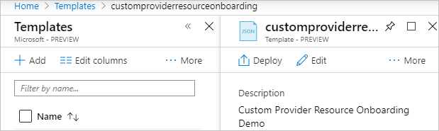 Captura de ecrã do portal do Azure a mostrar o modelo recentemente criado com o botão Implementar realçado.