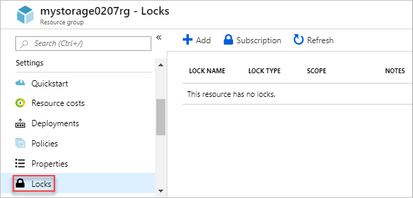 Captura de ecrã do portal do Azure a mostrar a opção Bloqueios para uma conta de armazenamento.