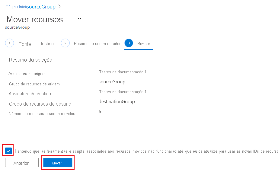 Captura de ecrã do portal do Azure onde o utilizador reconhece a necessidade de atualizar ferramentas e scripts antes de iniciar a operação de movimentação.