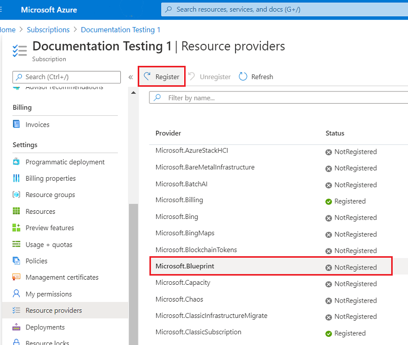 Captura de ecrã a mostrar o registo de um fornecedor de recursos no portal do Azure.