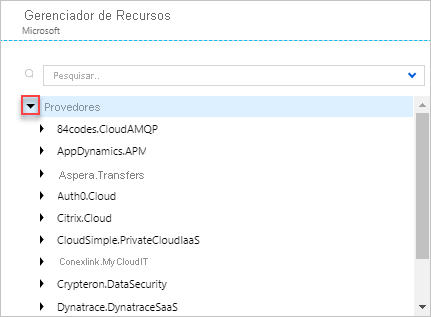 Captura de ecrã a mostrar a expansão da secção Fornecedores no Azure Resource Explorer.