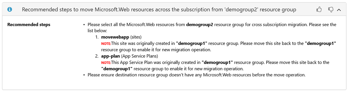 Captura de ecrã da secção Ações Recomendadas a apresentar o grupo de recursos original para a aplicação Web.