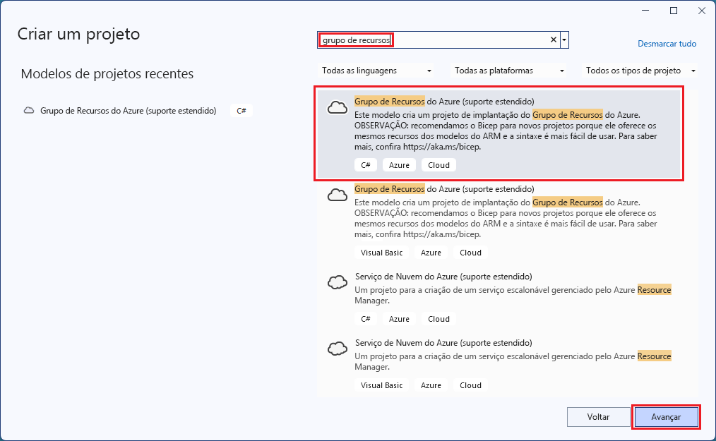 Captura de ecrã da janela Criar um novo projeto realçando o botão Grupo de Recursos do Azure e Seguinte.