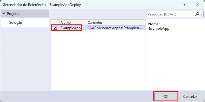 Captura de tela da janela Adicionar referência no Visual Studio com o projeto de aplicativo Web selecionado.