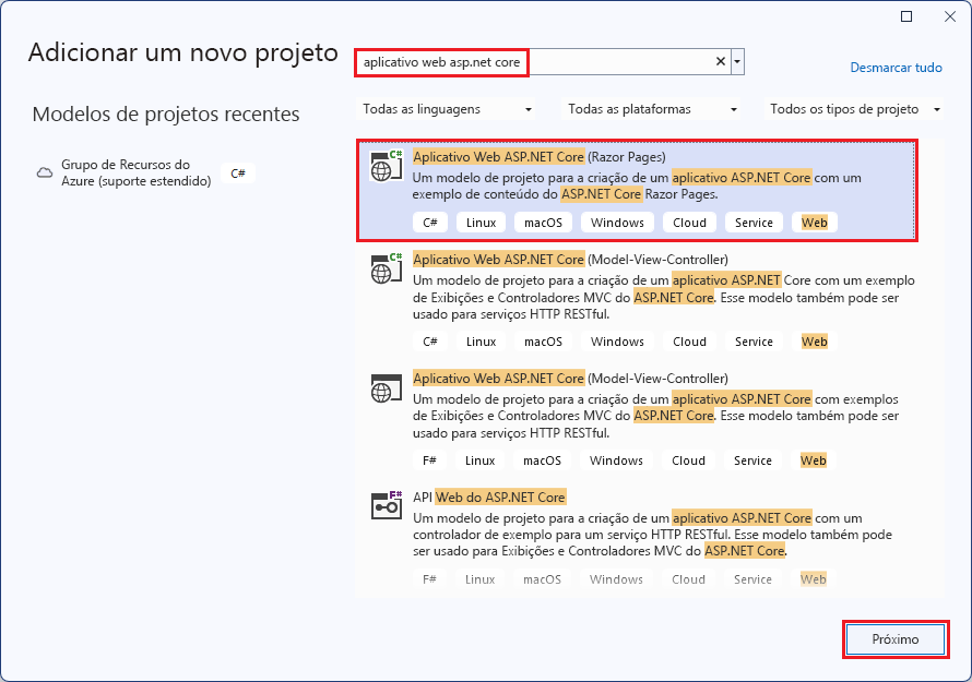 Captura de tela da janela Novo Projeto com ASP.NET Aplicativo Web Principal selecionado.