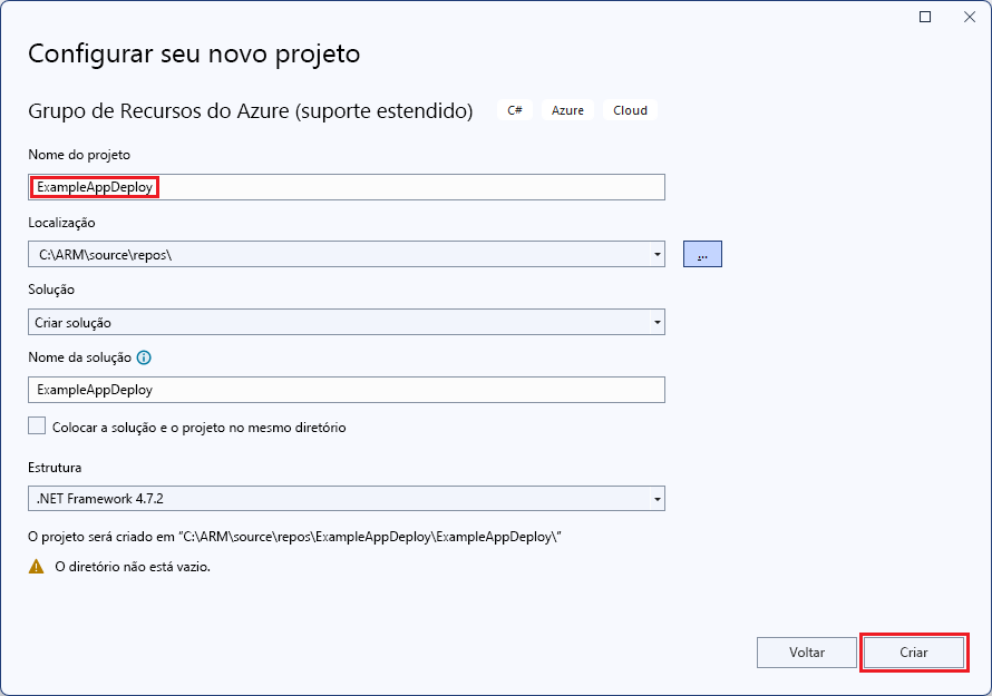 Captura de tela da janela de nomeação do projeto no Visual Studio.