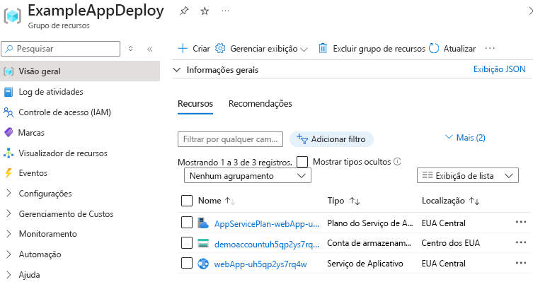 Captura de tela do portal do Azure exibindo os recursos implantados em um grupo de recursos.