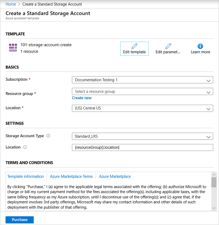 Captura de tela do painel de exibição do portal do Azure para fornecer valores de parâmetro.