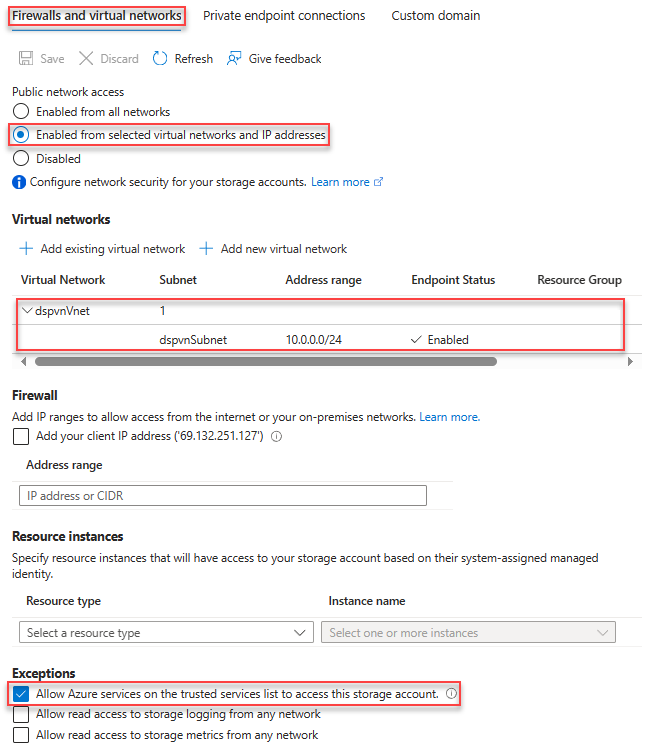 Captura de ecrã da configuração da conta de armazenamento para aceder à rede privada.