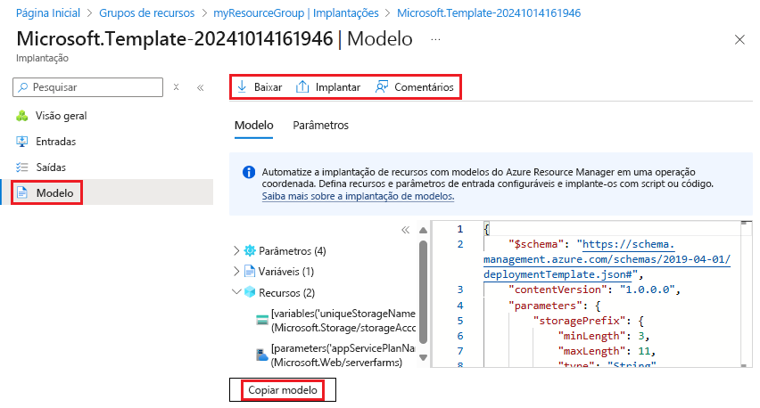 Captura de ecrã a mostrar a seleção do modelo utilizado para uma implementação específica no portal do Azure.