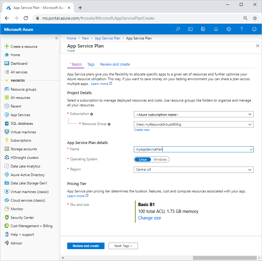 Captura de ecrã a mostrar a página Criar Serviço de Aplicações Plano no portal do Azure.