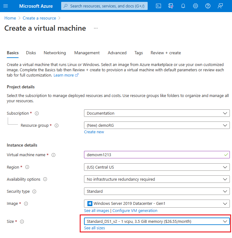 Captura de tela da interface de implantação do portal do Azure exibindo opções para selecionar um tamanho de máquina virtual em um menu suspenso.