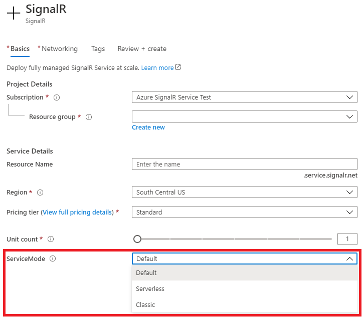 Portal do Azure – Escolha o modo de serviço ao criar um Serviço SignalR