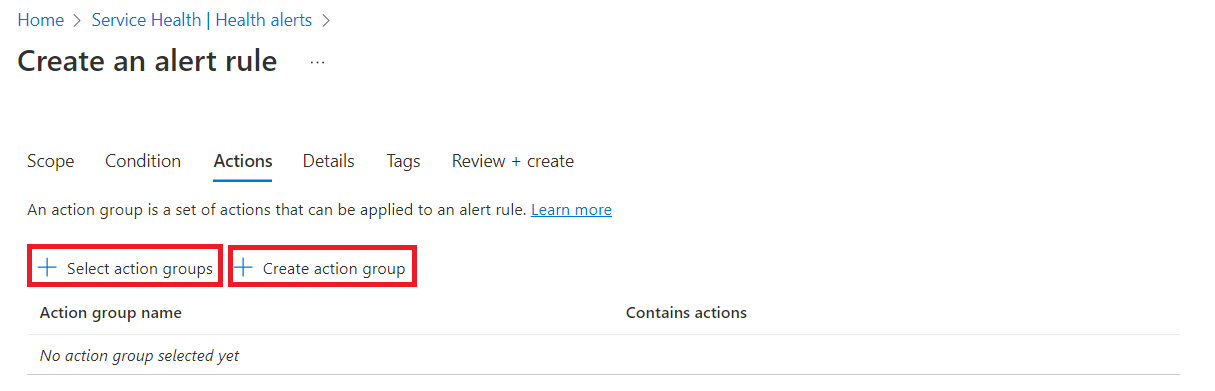 A screenshot of the Azure portal page where you add or create action groups.