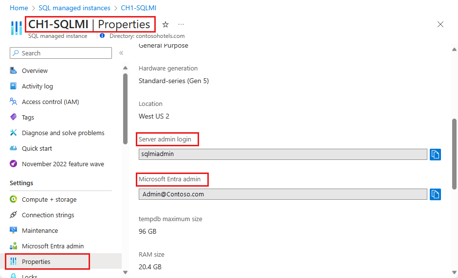 Screenshot shows the SQL managed instance Properties page where you can obtain the login and Microsoft Entra admin values.