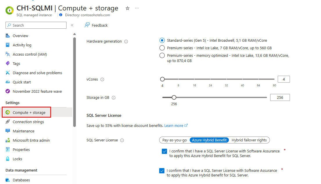 Screenshot shows Compute + storage page for SQL managed instance.