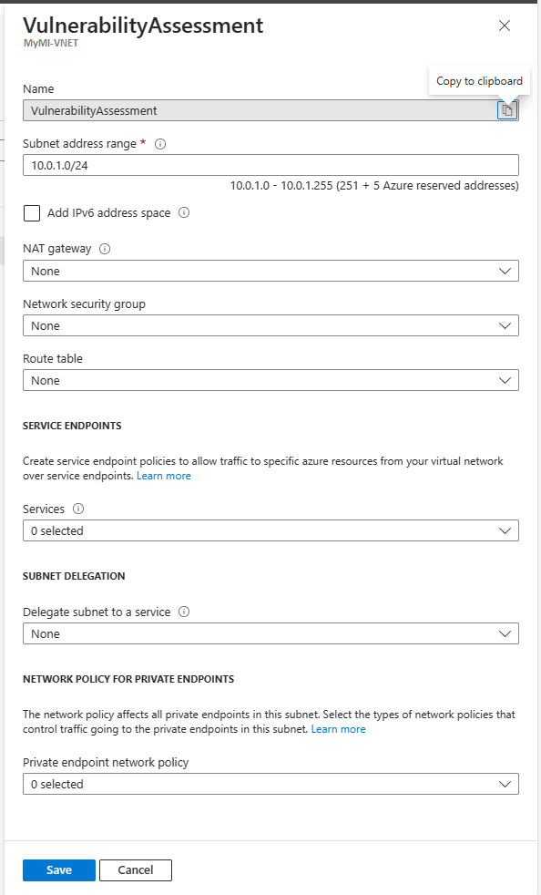 Screenshot shows a subnet called VA and its settings.