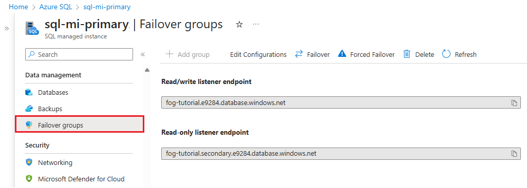 Screenshot where to find the failover group connection string in the Azure portal.